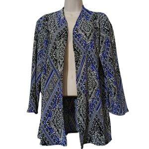 Chico's Travelers Open Cardigan Light Jacket Blue Black Print Crinkle Stretch